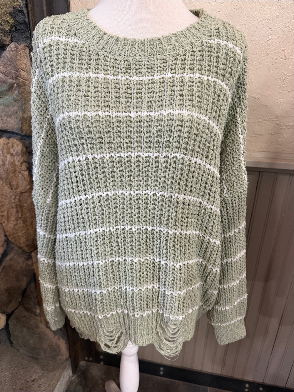 BKE Sage Green and White Striped Crew Neck Sweater